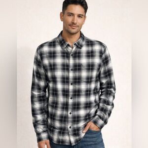 Sun + Stone Black & White Plaid Long Sleeve Button Down Shirt, casual, Comfort L